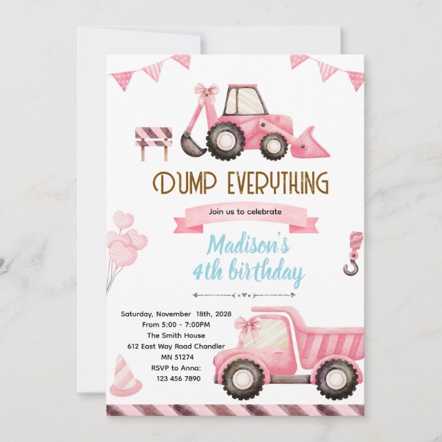 Pink Construction Birthday Invitation Einladung (Vorderseite)