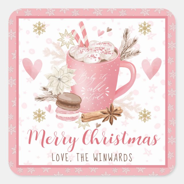 Pink Cookies & Cocoa Merry Christmas Quadratischer Aufkleber (Vorderseite)