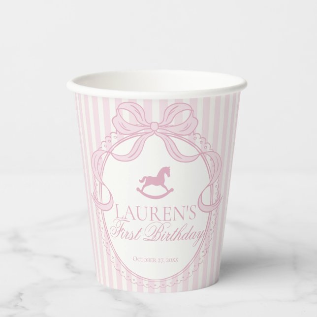 Pink Coquette-Bogen Schaukelpferd Geburtstagsfeier Pappbecher (Vorderseite)