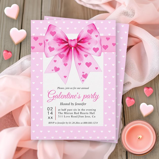 Pink coquette bow and hearts Galentine's Day party Einladung (Von Creator hochgeladen)