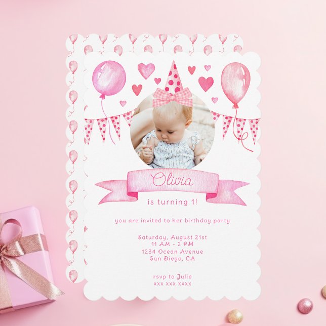 Pink Coquette Bow Baby Girl Movable Birthday Hat Einladung (scalloped baby birthday invitation card with movable hat and preppy pink coquette bow illustrations)