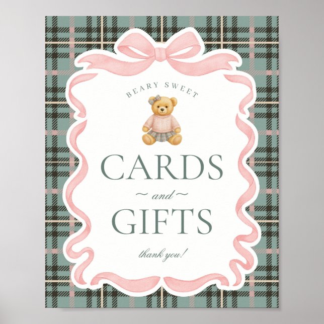 Pink Coquette Bow Bär Plaid Karten & Geschenke Poster (Vorne)