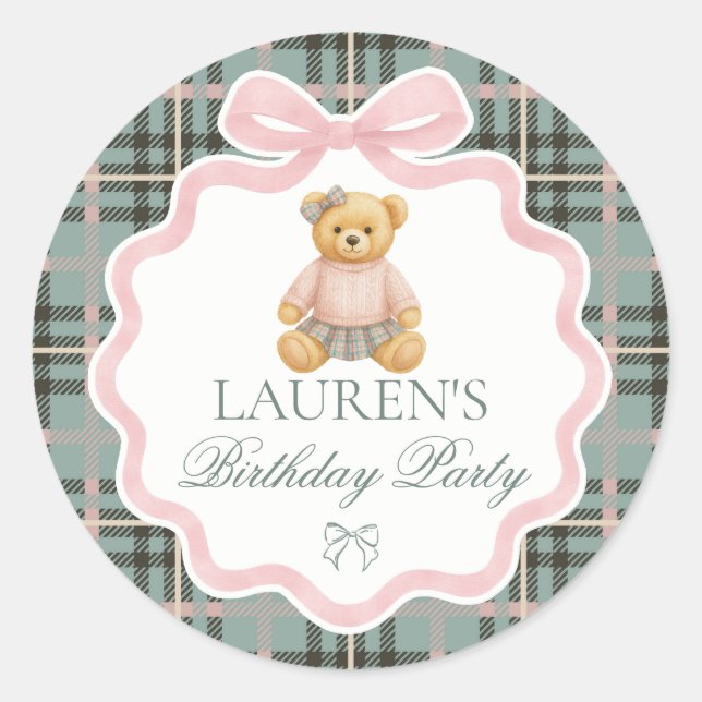 Pink Coquette Bow Bear Birthday Envelope Seal Runder Aufkleber (Vorderseite)