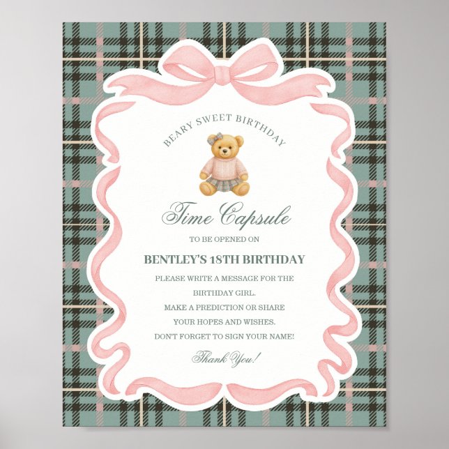 Pink Coquette Bow Bear Birthday Time Capsule Poster (Vorne)