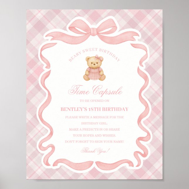 Pink Coquette Bow Bear Birthday Time Capsule Poster (Vorne)