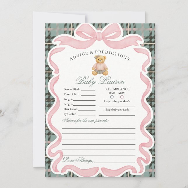 Pink Coquette Bow Bear Girl Advice for Baby Card Einladung (Vorderseite)