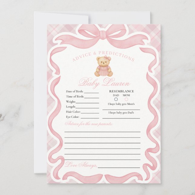 Pink Coquette Bow Bear Girl Advice for Baby Card Einladung (Vorderseite)