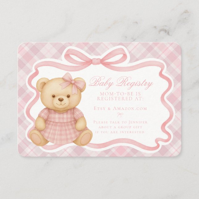 Pink Coquette Bow Bear Plaid Baby Registry Card Begleitkarte (Vorderseite)