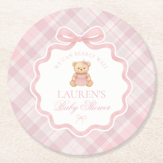 Pink Coquette Bow Bear Plaid Baby Shower  Runder Pappuntersetzer (Vorderseite)