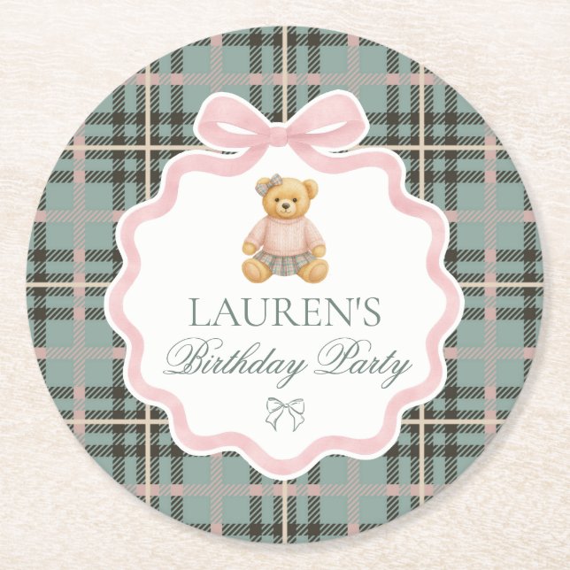 Pink Coquette Bow Bear Plaid Birthday  Runder Pappuntersetzer (Vorderseite)