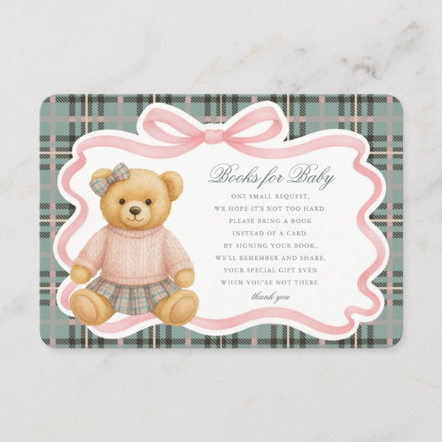 Pink Coquette Bow Bear Plaid Books for Baby Card Begleitkarte (Vorderseite)