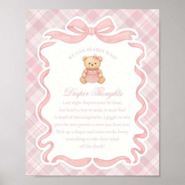 Pink Coquette Bow Bear Plaid Diaper Thoughts Poster (Vorne)