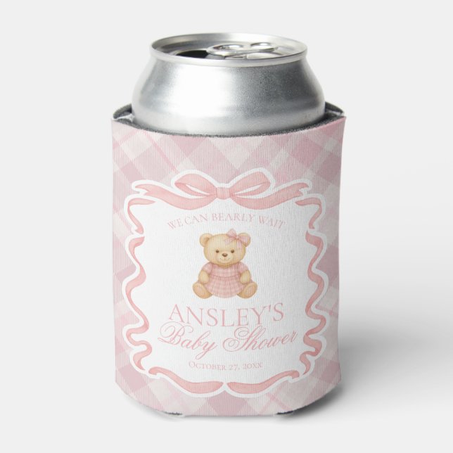 Pink Coquette Bow Bear Tartan Baby Shower Favor Dosenkühler (Kanne Vorderseite)