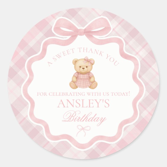 Pink Coquette Bow Bear Tartan Birthday Favor Runder Aufkleber (Vorderseite)