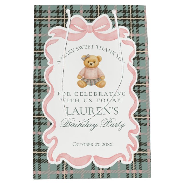 Pink Coquette Bow Bear Tartan Birthday Favors Mittlere Geschenktüte (Vorderseite)