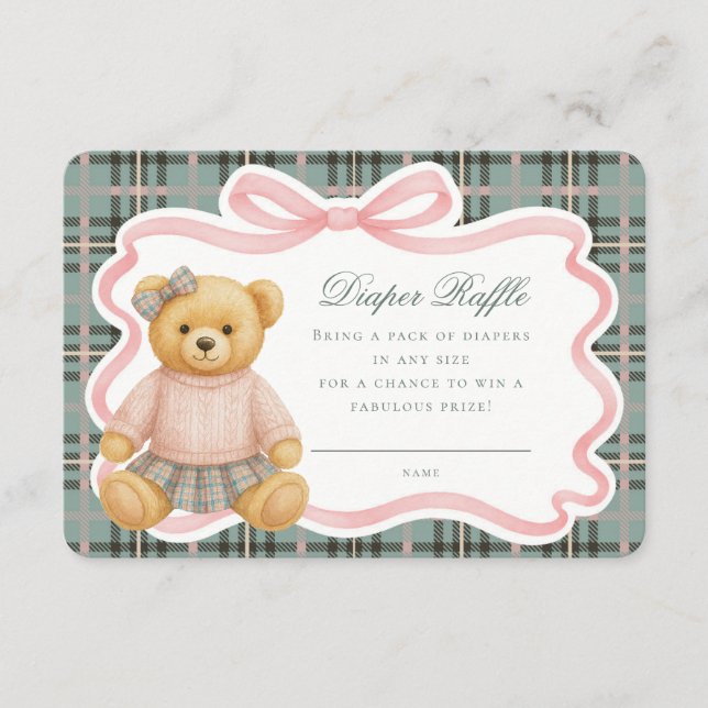 Pink Coquette Bow Bear Tartan Diaper Raffle Card Begleitkarte (Vorderseite)