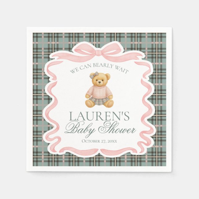 Pink Coquette Bow Bear Tartan Plaid Baby Shower Serviette (Vorderseite)