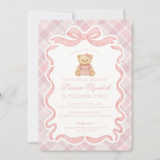 Pink Coquette Bow Bear Tartan Plaid Birthday Einladung