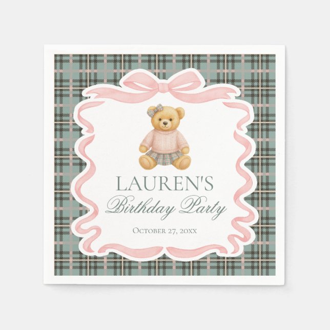 Pink Coquette Bow Bear Tartan Plaid Birthday Serviette (Vorderseite)