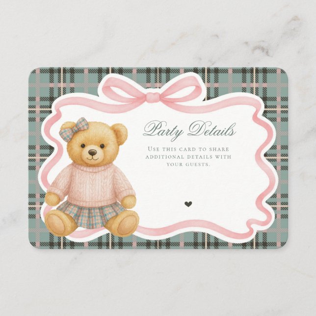 Pink Coquette Bow Bear Tartan Plaid Details Card Begleitkarte (Vorderseite)