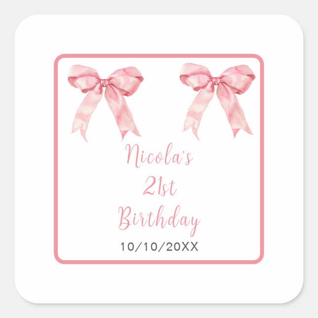 Pink Coquette Bow Birthday Party Quadratischer Aufkleber (Vorderseite)
