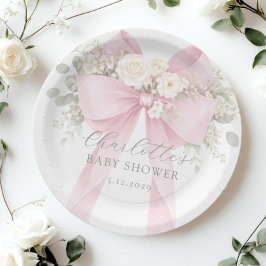 Pink Coquette Bow Floral Baby in bloom baby Shower Pappteller