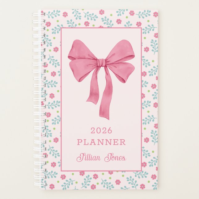 Pink Coquette Bow Floral Pattern Custom Name Planer (Vorderseite)