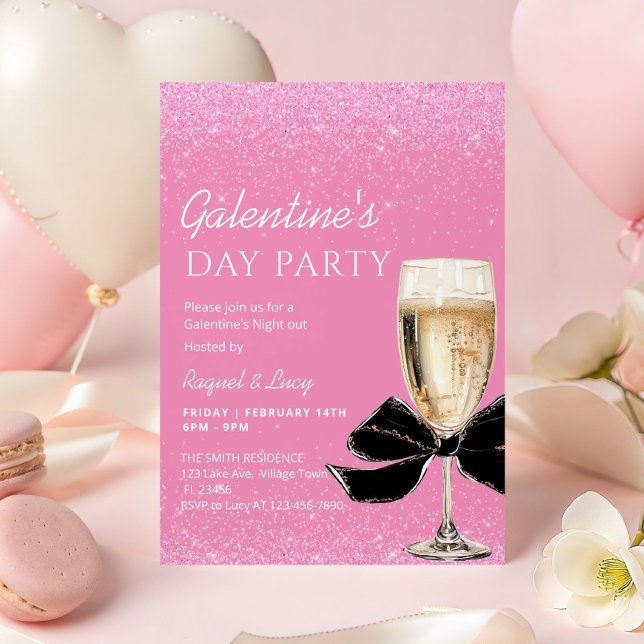 Pink Coquette Bow Galentine's Day Party Einladung (Black coquette bow Galentine's Day Party Invitation)