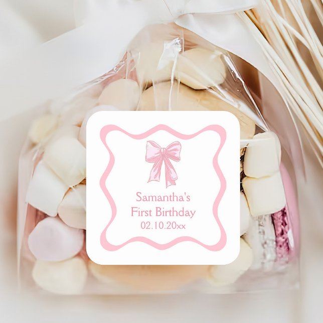 Pink Coquette Bow Geburtstagsparty Quadratischer Aufkleber (Von Creator hochgeladen)