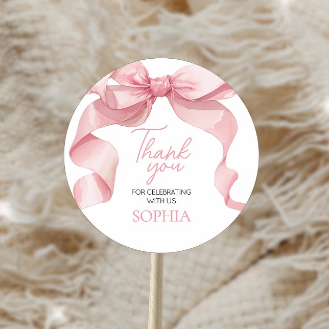 Pink Coquette Bow Geburtstagsparty Runder Aufkleber (Pink Coquette Bow Birthday Party Sticker)