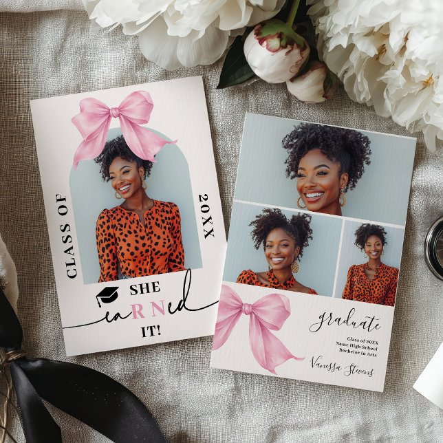 Pink Coquette Bow Nurse 4-Photo Graduation Einladung (Pink Coquette Bow Nurse 4-Photo Graduation Invitation)