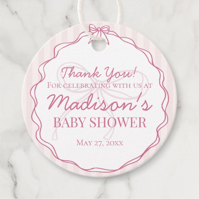 Pink Coquette Bow Pastellstreifen Babydusche Geschenkanhänger (Vorderseite)