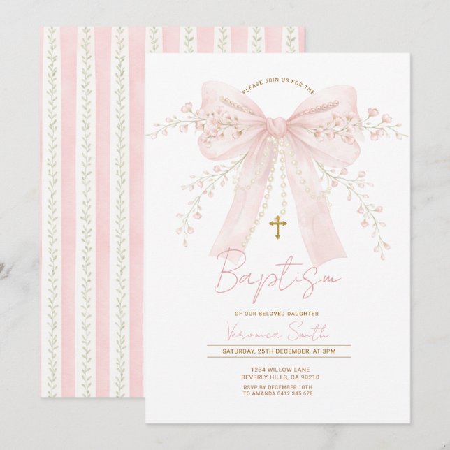 Pink Coquette Bow Pearls Baptism Christening Einladung (Vorne/Hinten)