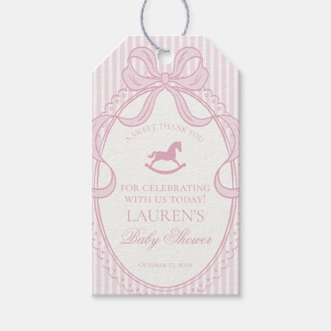 Pink Coquette Bow Rocking Horse Baby Shower Favors Geschenkanhänger (Vorderseite)