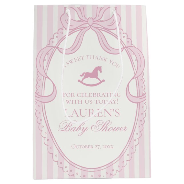 Pink Coquette Bow Rocking Horse Baby Shower Favors Mittlere Geschenktüte (Vorderseite)