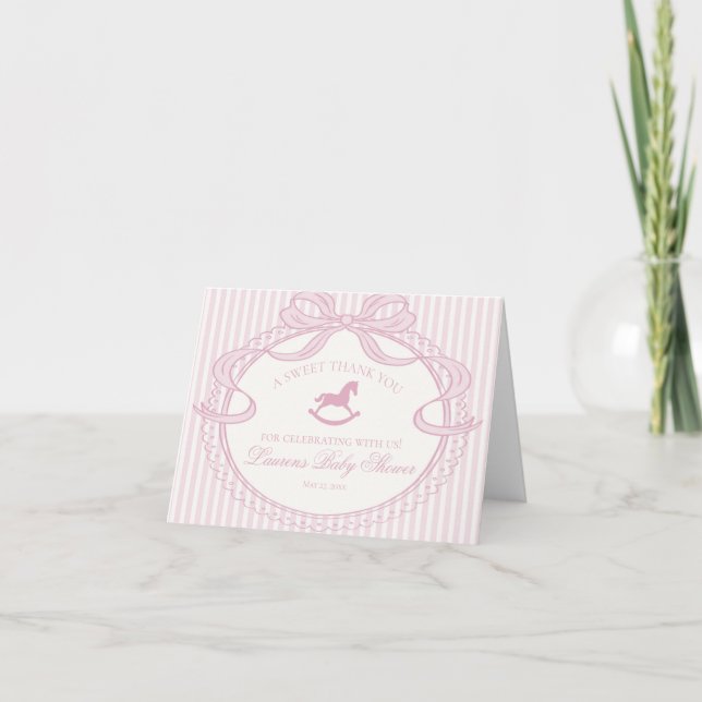 Pink Coquette Bow Rocking Horse Baby Thank You  Dankeskarte (Vorderseite)