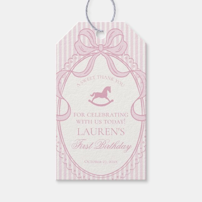 Pink Coquette Bow Rocking Horse Birthday Favors Geschenkanhänger (Vorderseite)