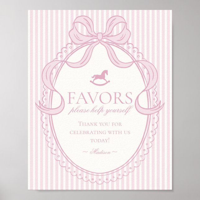 Pink Coquette Bow Rocking Horse Favors Sign Poster (Vorne)