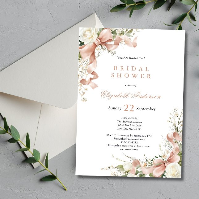 Pink Coquette Bow Watercolor Floral Bridal Shower Einladung (Pink Coquette Bow, White Florals Bridal Shower invitation. Printed or Digital)