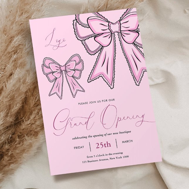 Pink Coquette Bows Feminine Grand Opening Business Einladung (Feminine blush pink coquette bows business grand opening invitation)