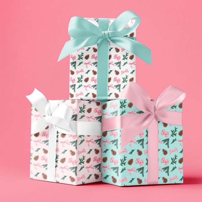 Pink Coquette Bows und Evergreen Pine Boughs Geschenkpapier Set (Elegant Coquette Pink Bows and Evergreen Fir | Pine Boughs Christmas Holiday Pattern Wrapping Paper)