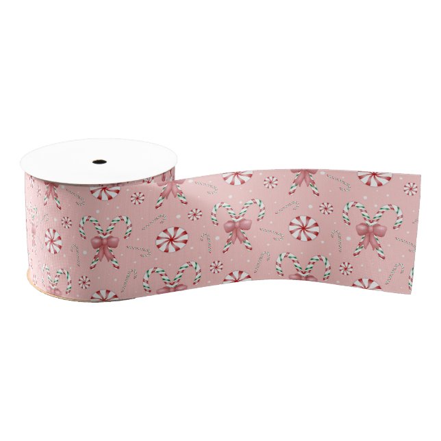 Pink Coquette Candy Cane Pattern Holiday Ripsband (Spule)