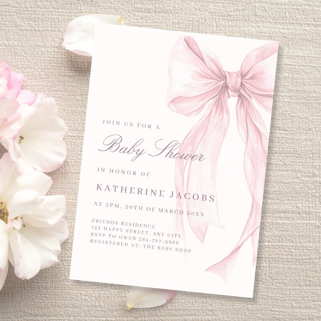 Pink Coquette Elegant Baby Shower Einladung (Pink Coquette Bow Baby Shower Invitation)