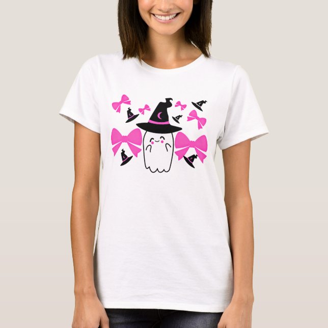 Pink Coquette Ghost mit Bows Halloween T-Shirt (Vorderseite)
