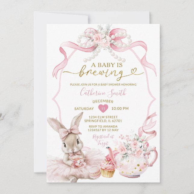 Pink Coquette Pearl Brewing Bunny Girl Baby Shower Einladung (Vorderseite)
