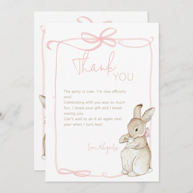 Pink Coquette Peter das Kaninchen 1. Geburtstag Dankeskarte (Vorne/Hinten)