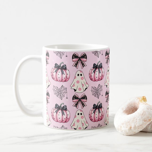 Pink Coquette Pumpkin Ghosts Halloween Muster Kaffeetasse (Mit Donut)