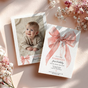 Pink Coquette Schleifen Mädchen 1. Geburtstagsfeie Einladung