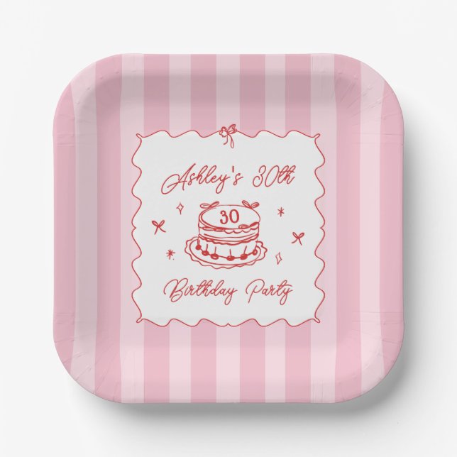 Pink Coquette Striped Vintage Hand Drawn Birthday Pappteller (Vorderseite)