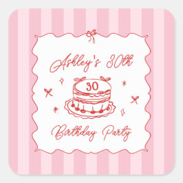 Pink Coquette Striped Vintage Hand Drawn Birthday Quadratischer Aufkleber